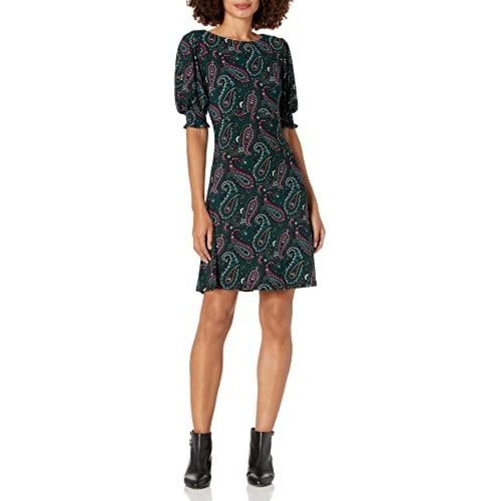Tommy Hilfiger Womens Paisley Puff Sleeve Fit and Flare Dress Teal Pink Size 10